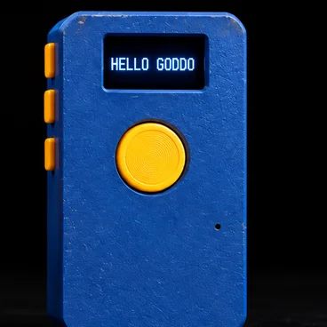 goddo v2 in blue, with a screen and a big button